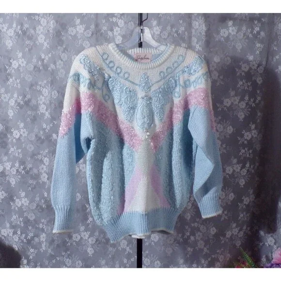 Vintage 80s Pastel Sweater Size XL 1980s Retro Preppy Twee Cute Granny Barbie