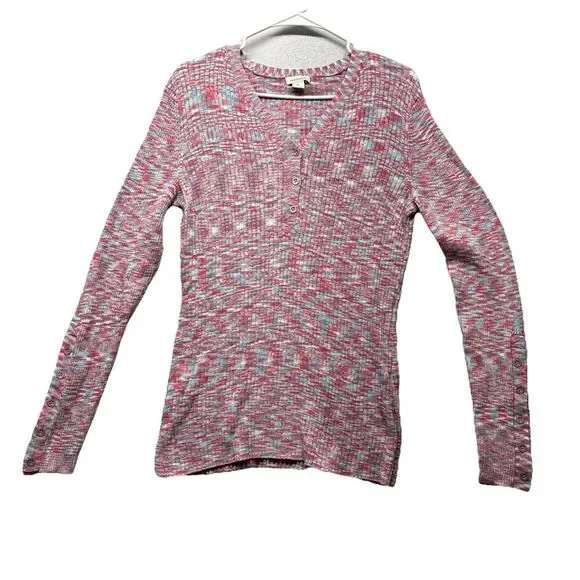 Sundance Sweater Pink Blue Ribbed Spacedye Knit Henley Women's Size XL Stretch