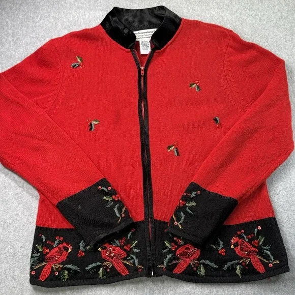 Vintage Tiara International Christmas Sweater Cardinal Birds Beaded Red‎ M