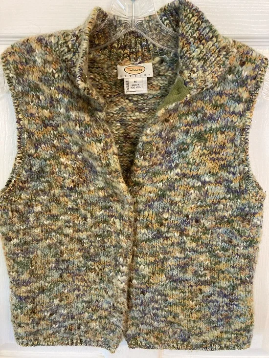 Talbots Petite Multicolor Wool Blend Knit Button Vest - Green/Blue/Gold