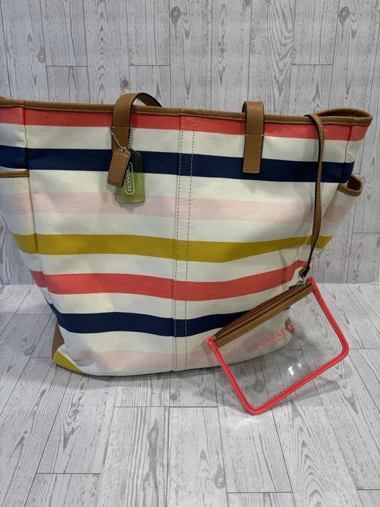 Coach Hadley Multicolor Striped Canvas Tote with Tan Trim