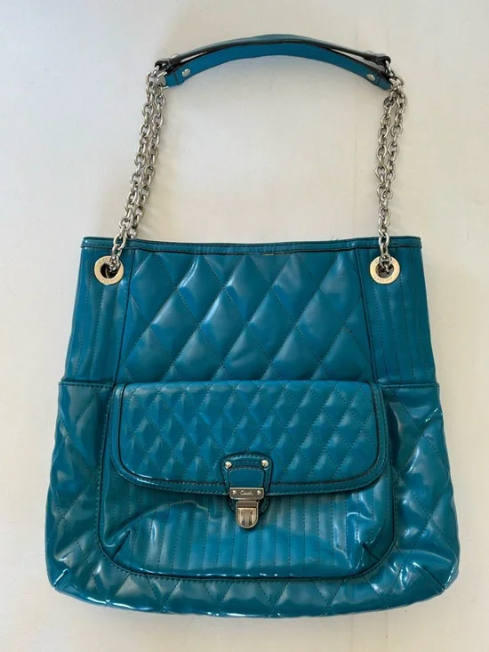 Coach Ashley Teal Patent Leather Quilted Tote Shoulder Bag Chain Strap Large