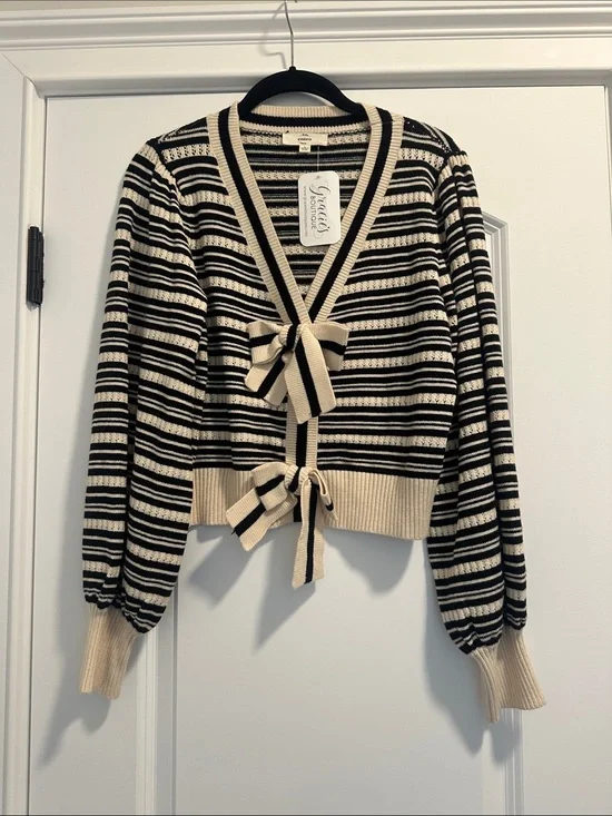 NWT Entro Black and Cream Striped Sweater