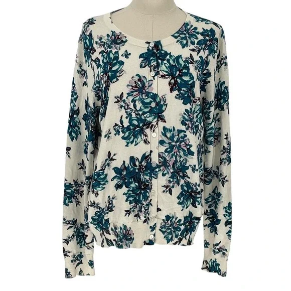 Time and Tru Womens Cardigan Sweater L Floral Print‎ Long Sleeve Button Front