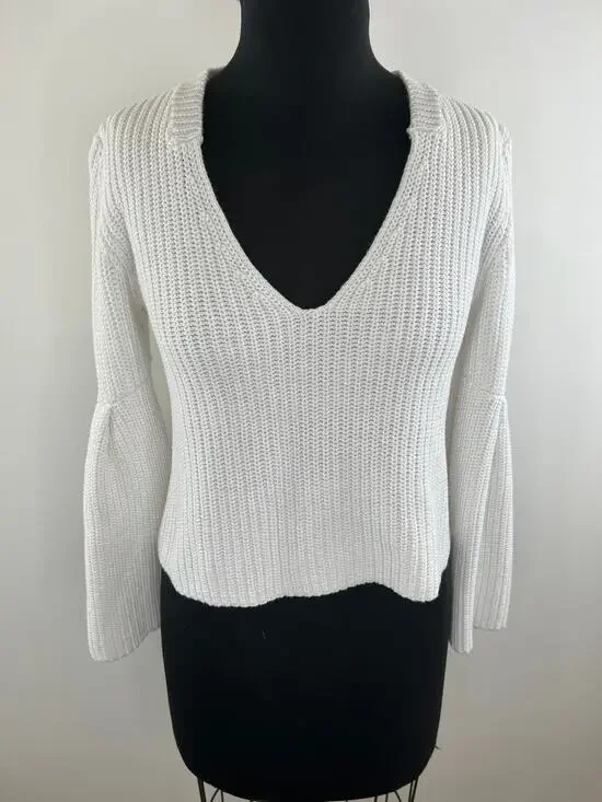 Free People White Bell Sleeve Ribbed Damsel Cable Knit Cotton Sweater Size M