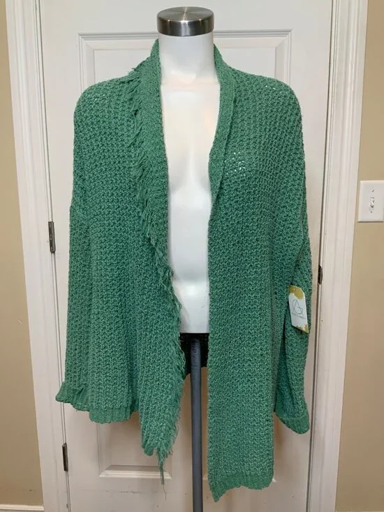 Free People Seafoam Green Open Front Chunky Knit Fringe Cardigan, Size S