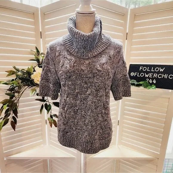 ALICE + OLIVIA 3/4 SLEEVE TURTLENECK GRAY CABLE KNIT SWEATER SIZE MED