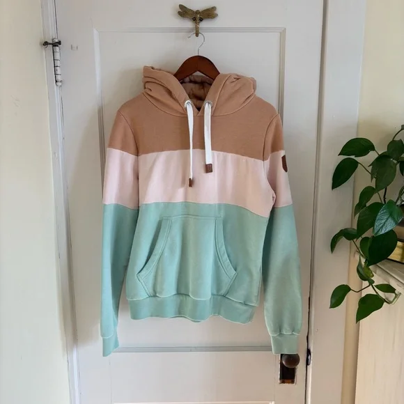 Wanakome Colorblock Hoodie in Tan, Blush Pink & Mint‎ - Large