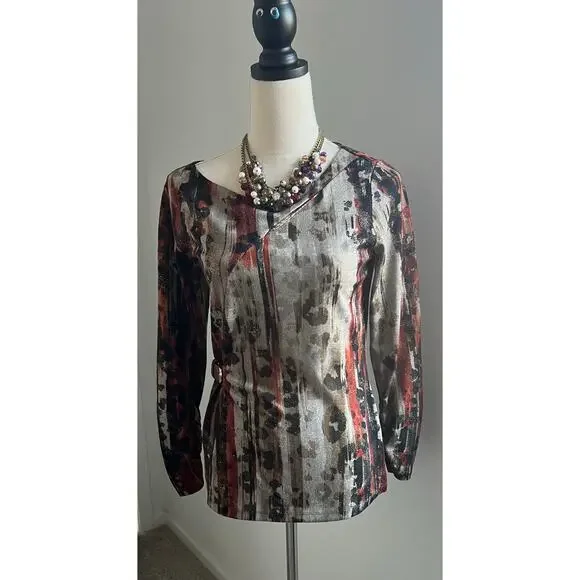 Susan‎ Lawrence Pullover Multicolor Brown Faux Leather Buckle Wrap Top Sweater S