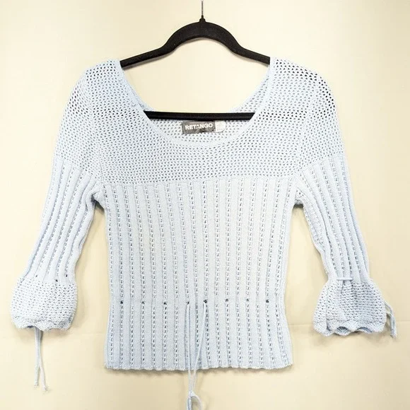 Retango Knit Sweater Blue Medium Drawstring Tie Bell Sleeve Cropped‎ Cotton