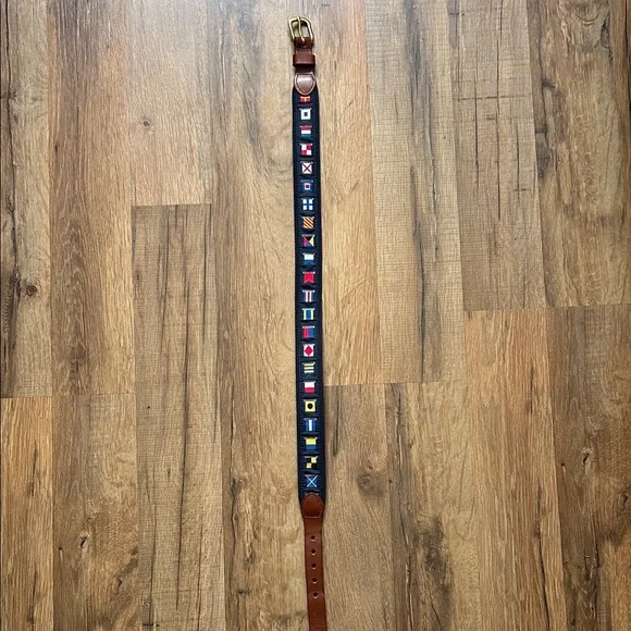 Boys Nautical Flag Pattern Belt with Brown Leather