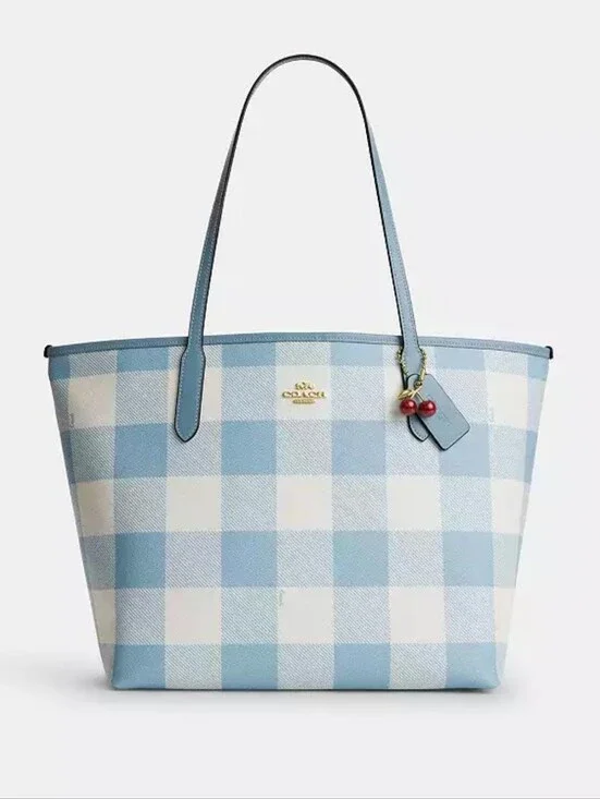Coach Light Blue Gingham Tote Bag
