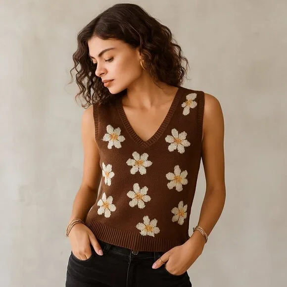 Daisy Knit Floral Sweater Vest 60s 70s Retro Size M