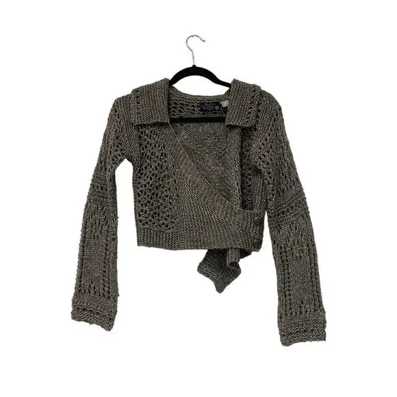 Anthropologie Hand Knit by Dollie Wrap Sweater Small S Gray Metallic Cropped EUC