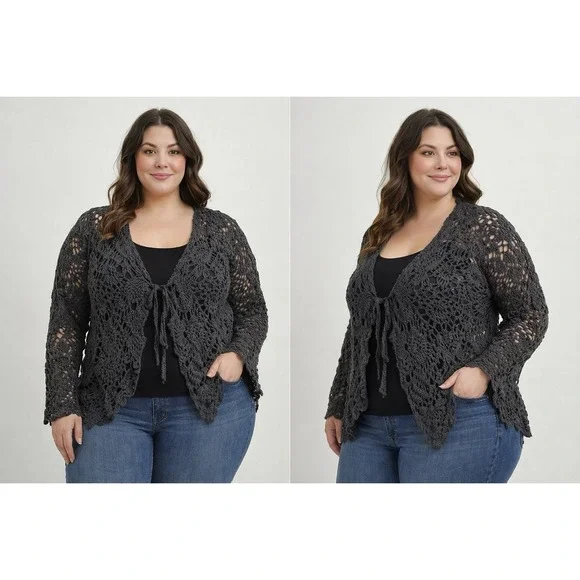 Coolwear‎ USA Womens Crochet Cardigan Large Black Boho Festival Cottagecore