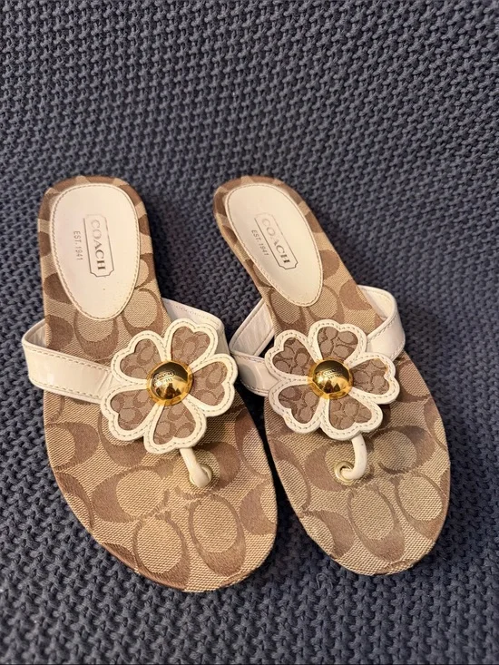 Coach Beige Signature Floral Thong Sandals with Gold Accent