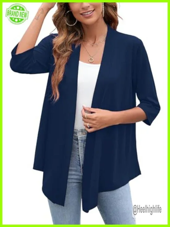 3/4 Sleeve Open Front Cardigan Soft Drape Casual Lightweight