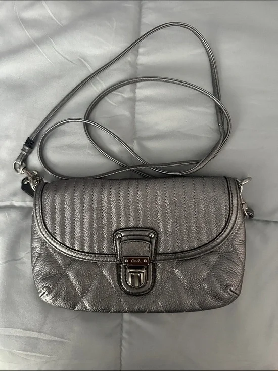 Coach Metallic Silver Quilted Flap Crossbody
