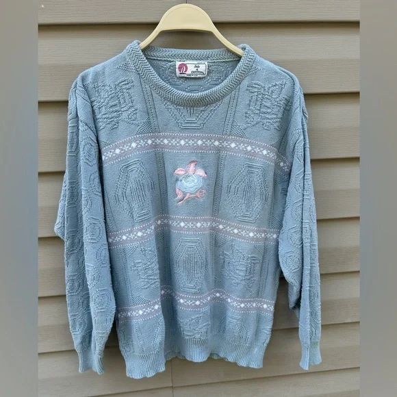 VTG Isle of Cotton grannycore sweater L crochet embroidered coastal grandma 90s