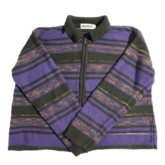 Amanda Smith‎ Women M Full Zipper Knit Sweater Purple Multi Colored Stripes
