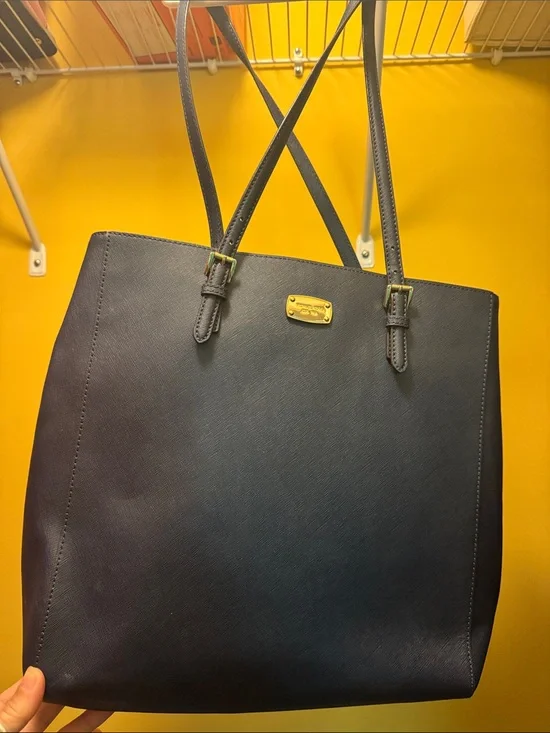 Michael Kors Navy Leather Saffiano Tote with Gold Hardware