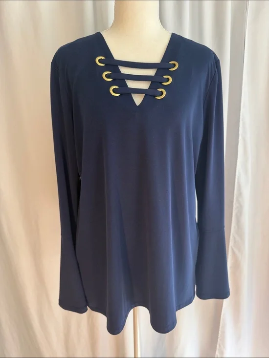 Michael Kors Navy Long-Sleeve Top with Gold Eyelet Detail