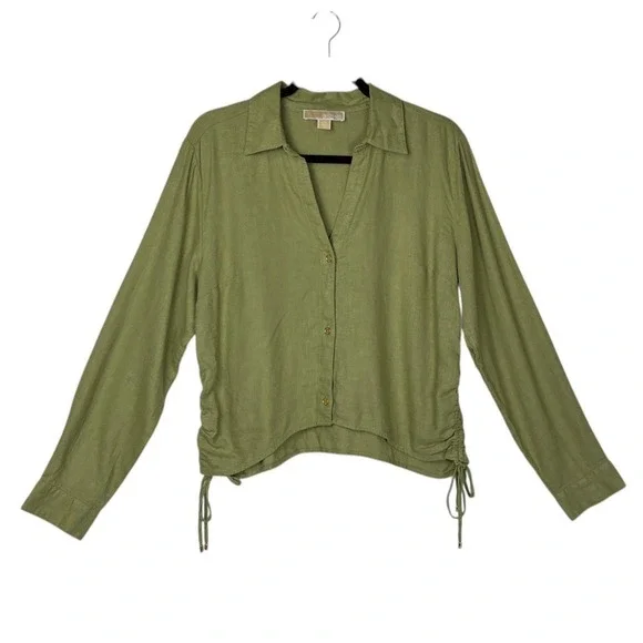 2025 Michael Michael Kors Womens Boxy Linen Blend Button Down Shirt Size L Green