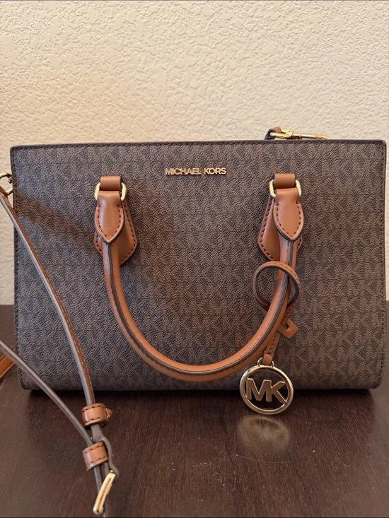 Michael Kors Brown Logo Satchel with Gold Hardware