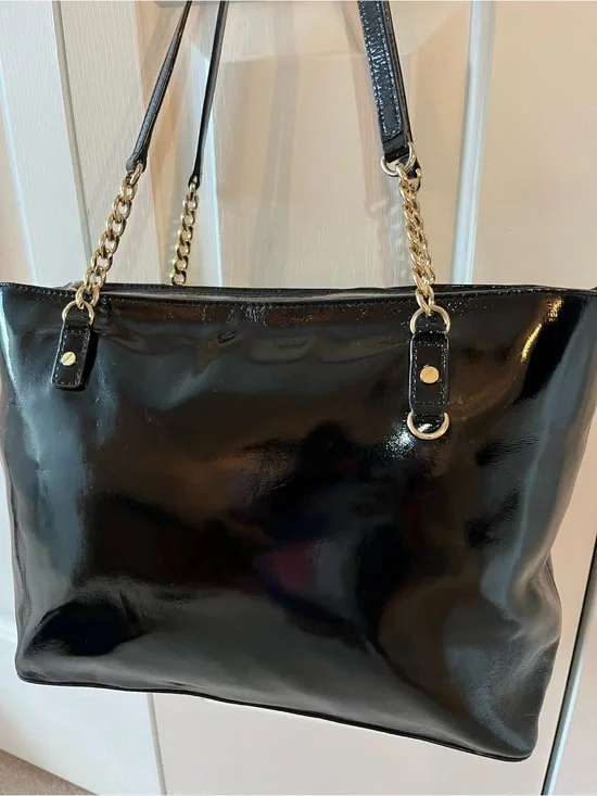Michael Kors Black Patent Tote with Gold Chain Straps