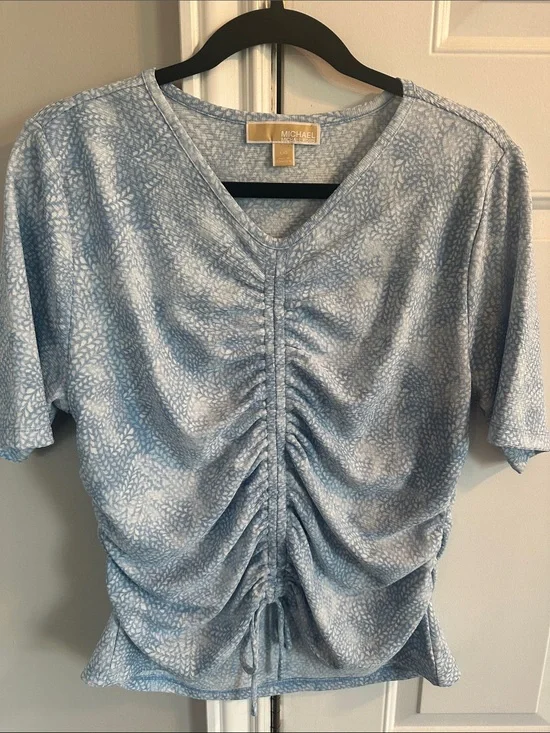 Michael Kors Sky Blue Ruched V-Neck Short Sleeve Tee