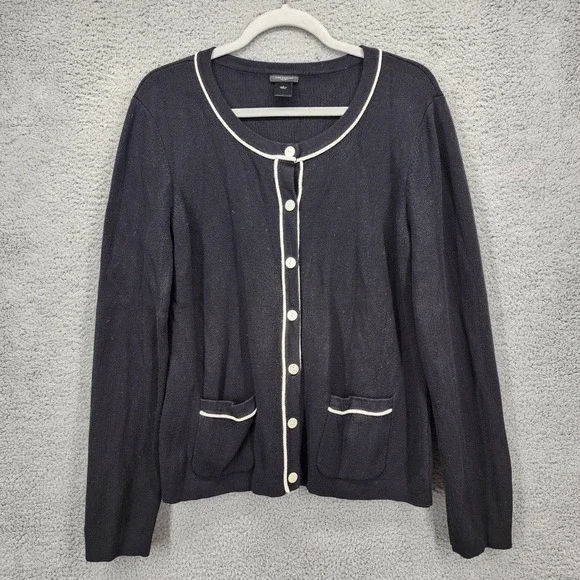 Ann Taylor Womens Black White Trim Cotton Knit Button Cardigan Sweater Large
