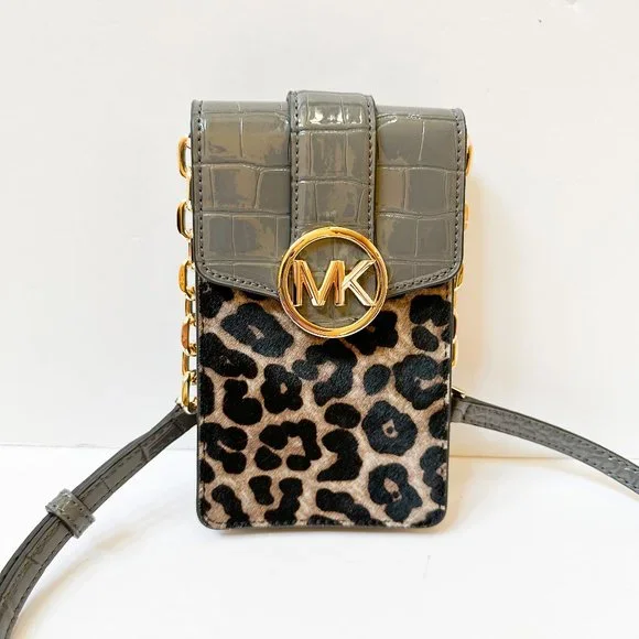 Michael Kors Gray Croc-Embossed & Leopard Phone Crossbody, like new, no tags