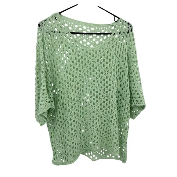 Boho Crochet Sweater Top Oversized Open Knit Festival Indie Green‎ Beachy