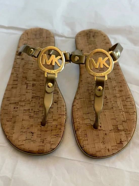 Michael Kors Jelly & Cork Flip Flops MK Charm Logo Sandals Pewter & Gold 6