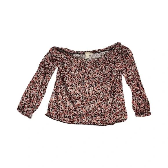 Michael Kors Womens Pink‎ Floral Off The Shoulder Long Sleeve Top Size M MK Logo