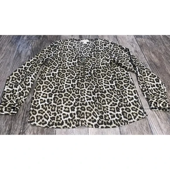 Women's MICHAEL Michael Kors Animal Print V Neck‎ Zip Shirt Sz 14 Polyester