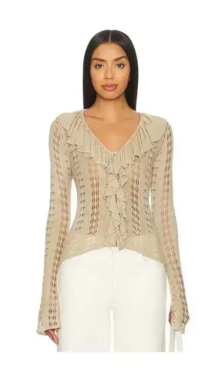 WeWoreWhat Ruffle Detail Knit Long Sleeve Cardigan in Safari