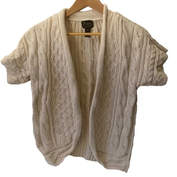 Pure handknit short sleeve beige cardigan shrug cableknit sweater women S/M‎