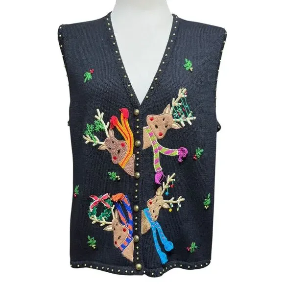 Hampshire Studio Snow Sweater Vest Reindeer Black XL