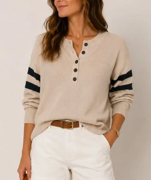 American Eagle Rugby Stripe Henley Sweater Medium Beige Ivy League Coastal Prep