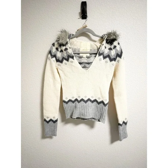 Hollister 1922 Y2K Fair Isle Hooded Sweater Faux Fur Trim‎ V Neck Cream Gray S