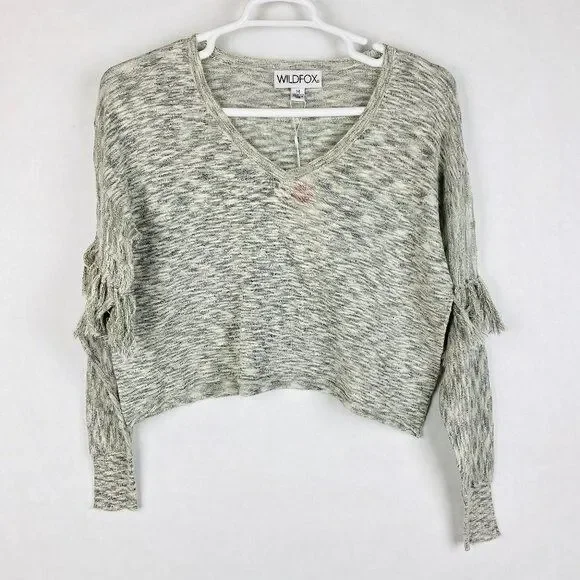 WILDFOX Sweater Sz M Gray V-neck Cropped Fringed Sleeve Knit Long Sleeve Summer