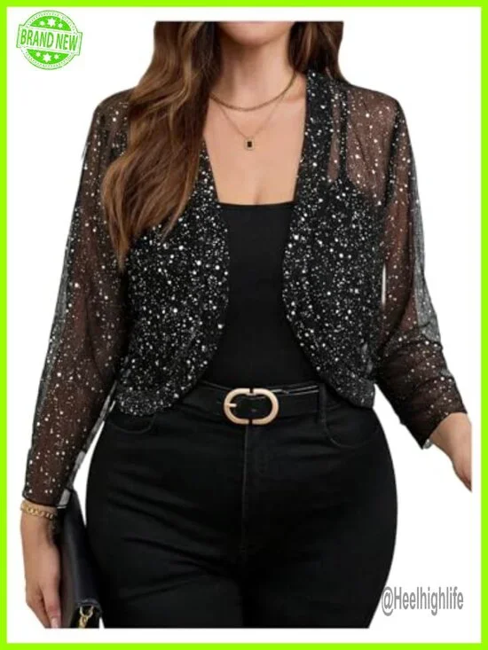 Plus Size Sequin Sheer Bolero Shrug Open Front Long Sleeve Party Cropped