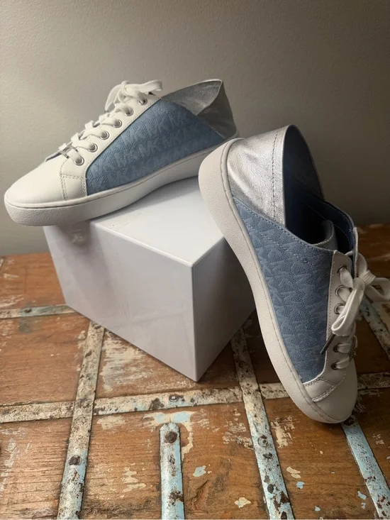 Michael Kors White and Light Blue/Denim Lace-Up Sneakers