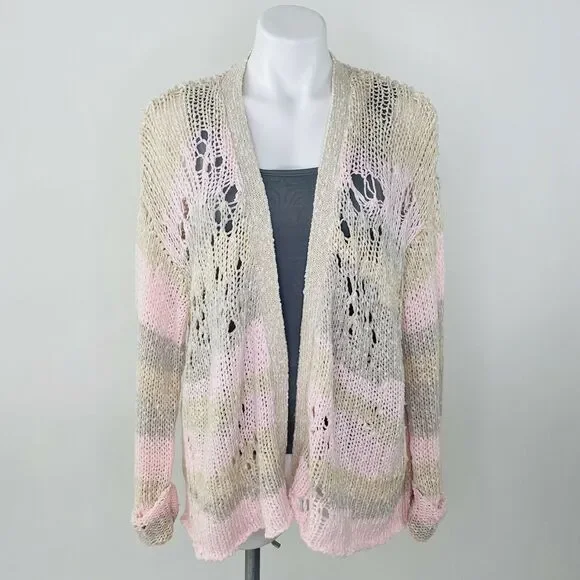 WILDFOX Sweater Cardigan Women XS Pink Distressed Striped Open Knit oversized