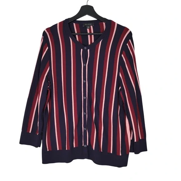 Ann Taylor Cardigan Women XXL Navy Pink‎ Burgundy Stripe Button Front Career
