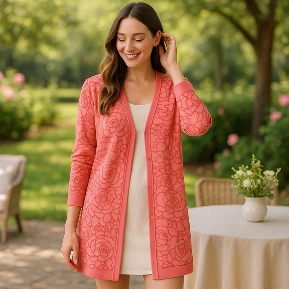 Peach Rose Floral Long Boyfriend Cardigan - Everyday Layer Sweater EUC S #786