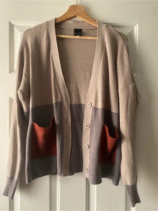 Aaeda Neutral Tone Colorblock Cardigan with Rust Pockets