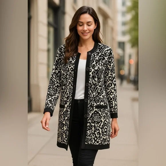 Black White Cardigan Damask Jacquard Sweater Cardigan Classic Casual EUC S #785