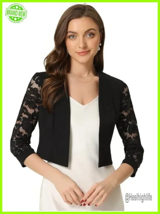 Lace Shrug Open Front Cardigan for Women 3/4 Sleeve Formal Evening Wear